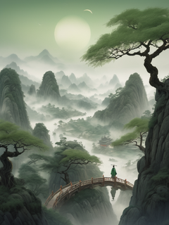 微型景观。一个古老的中国男人走在许多写满中国书法作品的起伏的卷轴之间。男人拿着扇子，穿着优雅柔软的丝绸汉服，淡绿色和白色渐变场景，中国水墨画场景的三维渲染。往下看，景色很壮观。画面明亮，气氛梦幻。星空，历史绘画，虚幻引擎5渲染