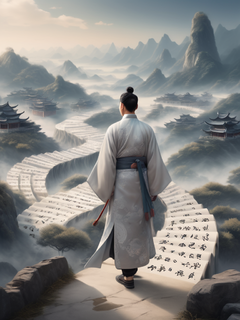 微型景观，一个中国男子走在许多写满中国书法作品的起伏的卷轴之间。男人拿着扇子，穿着优雅柔软的丝绸汉服，淡银色和白色场景，往下看，景色很壮观。画面明亮，气氛梦幻。星空，历史绘画，虚幻引擎5渲染
