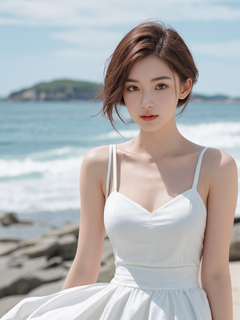 年轻美女，红棕色短发，披散着，穿着白色吊带裙，正面，真实且富有艺术感，展现出20岁女性的自信与青春活力，海边为背景，