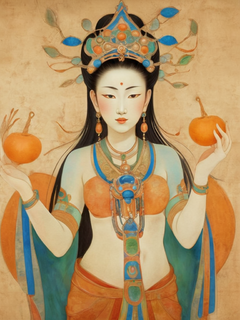 一幅令人惊叹的插图，以橙黄、蓝绿、红、金为亮点的画作，敦煌女神，这件艺术品受到詹姆斯风格的影响，线条大胆清晰，色彩鲜艳，纹理细致，尽显优雅与神秘，高分辨率