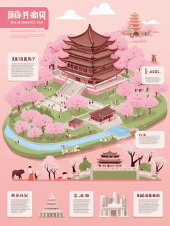 长沙”地区的信息图，春天和樱花，以“长沙”、爱湾亭、长沙开福寺、长沙岳麓书院和杜福江亭的详细地图为特色，设计为一个信息图，字体清晰，带有“ChangSha”二字。卡通插图，高质量，完整的细节。浅粉色调