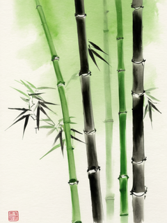 淡绿色的水墨风竹林，水墨画，隐约可见颗粒，白色的背景，中国风的纸张，渐变，朦胧