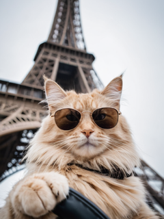 浅米色长毛猫在巴黎旅行时自拍，她穿着保暖的冬季外套，戴着墨镜，站在埃菲尔铁塔的背景下