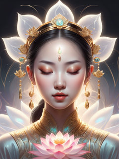 光纤绘画，一个闭着眼睛的中国女孩的美丽的脸，中心是发着光的莲花，数字插图，幻想艺术风格，全息，白色背景，对称构图，金色饰品，详细插图