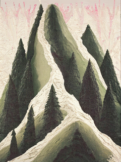 Fluid painting，纤维艺术, 岩石风化山，层层叠叠的纸垂直形成的山体，线条锐化，直线垂直流淌, 松树，古韵留白，极致细节,丰富的细节, 高精度，新中式极简，概念设计,大师杰作,绿色，奶白色，对比色，24k