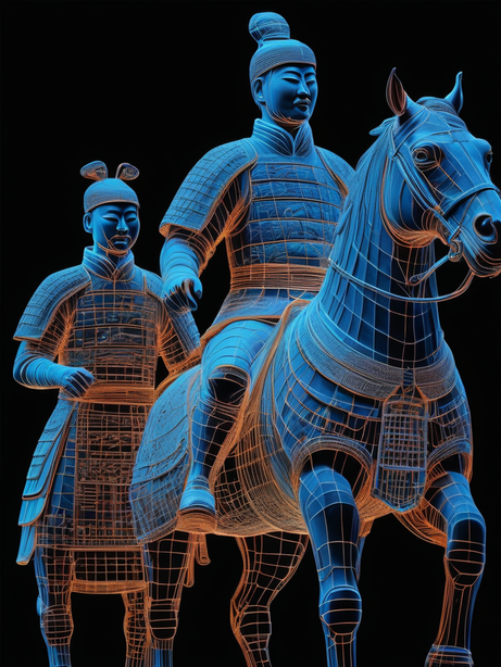 荧光蓝线兵马俑数字艺术全息作品