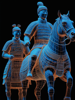 一幅以荧光蓝线勾勒的兵马俑和马匹的线框全息图，这些线条在其标志性结构周围形成复杂的图案，并在孤立的黑暗背景下展示。设计展示了详细的建筑细节和特色，创造了一个视觉上令人惊叹的代表古代中国建筑和工艺的表现。这幅数字艺术作品非常适合需要传达历史意义和未来技术的创意项目，采用了8k风格