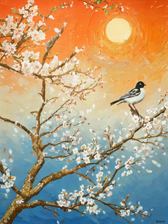 白色梨花，鸟儿，宋画，金色、橙色和一抹蓝色，云纹