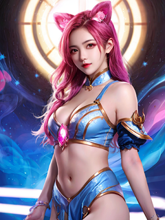 一个美丽的亚洲女孩cos英雄联盟角色，K-POP风格，阳光，自信的女孩，全身，粉色头发，KDA，cosplay，逼真，后期制作，杰作，高品质，高细节，花哨的闪光背景