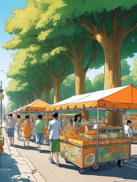 日系漫画风格夏日集市街景