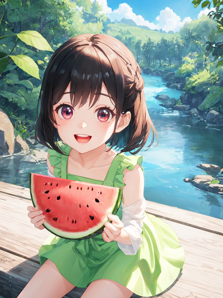 坐河边吃西瓜的小女孩卡通插图