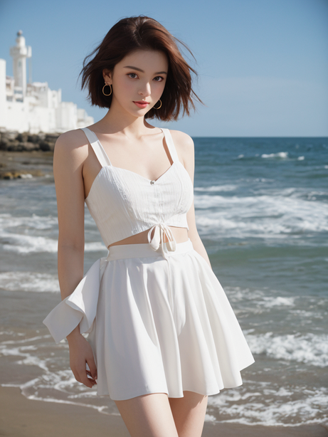 海边清纯白裙美女摄影图