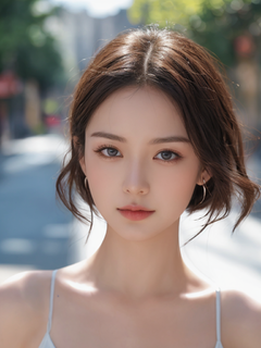 年轻美女，青春短发，水汪汪大眼，上半身镜头，油润光泽的嘴唇，真实且富有艺术感，展现出20岁女性的自信与青春活力，大街为背景是节拍。高细节，8k分辨率，超高分辨率，最好画质，美少女，绝世美女，