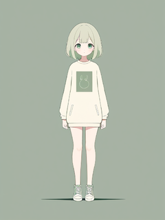 一个可爱的女孩，全身，极简主义平面插画，深白色和浅绿色的风格，浅米色，极简艺术

