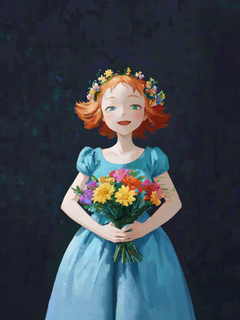 一个快乐女孩的插图，定格动画风格，现代童话，花丛，简单的极简主义
