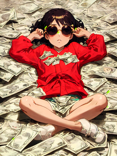 一个穿红色衣服，戴墨镜的小女孩躺在一堆钱中，美元纸钞，梦幻现实主义的风格，浅金色和深黑色，照片现实主义的技术，童真般的天真，可爱而梦幻