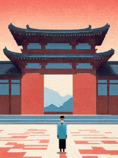 詹姆斯·弗朗西斯·吉尔的波普艺术、波普艺术风格、像素艺术、极简主义场景、传统回族风格建筑、户头墙、高墙和瓷砖、左右对称、画面中间的男人、禅宗、柔和色调、明亮的低饱和度、艺术感