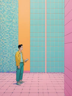 詹姆斯·弗朗西斯·吉尔的波普艺术、波普艺术风格、像素艺术、极简主义场景、传统回族风格建筑、户头墙、高墙和瓷砖、左右对称、画面中间的男人、禅宗、柔和色调、明亮的低饱和度、艺术感