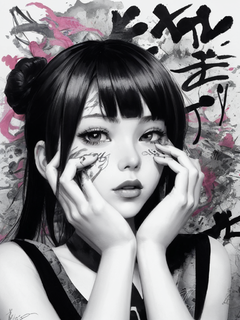 一个女孩，双手放在脸上，上面满是涂鸦和书法字母，采用“Korekawa”动漫的风格，深色调色板，超现实主义的黑白插图，超详细的肖像，独特的人物设计