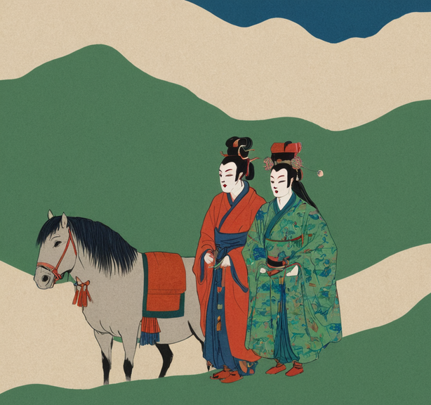 骑马上春山古风极简插画