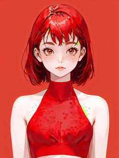 满脸雀斑，穿红色吊带衫的16岁欧美女孩，红色纯背景，极简纯色背景，图像50%留白，高清人物照，清晰高透，