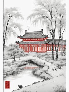 工笔风格，宋代优雅配色，一处红楼四面柳，极简风，红楼梦的场景，简单的构图