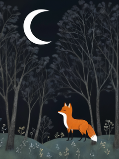 夜晚，深黑，月亮，森林，树枝，狐狸，图画书风格，副图画书Tracie Grimwood，儿童插图，获奖