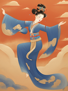 敦煌艺术风格的插画，飞天神女翩翩起舞，服饰飘逸舞姿优美，采用极其细腻的笔触，柔软流畅，中国红和靛蓝，金色背景，覆盖祥云图案
