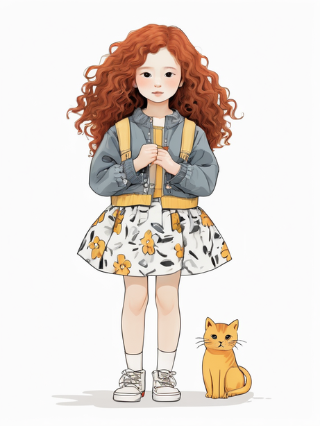 卷发韩流女孩和奇趣的猫