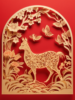 中国剪纸，春节，镂空设计，红金色调，光影，立体艺术