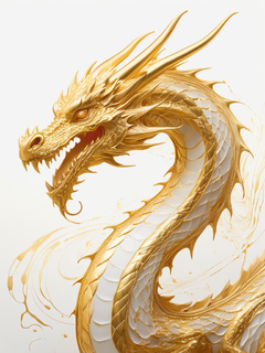 金箔质感的线条，发光，龙的简单线条画，金色光芒，自由流动的线条，纯白背景