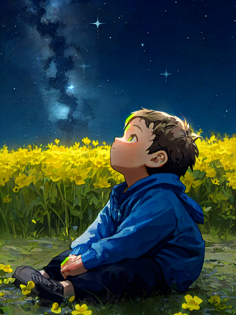 星空下的小男孩治愈系插画