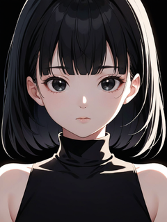 国风漫画，高清极简，肖像，一位中国女孩，黑色长发，穿着全黑高领毛衣，纯色背景，面部特写，正视图，光线柔和，皮肤纹理细腻，颜色明亮，女生头像，清冷高级