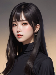 国风漫画，高清极简，肖像，一位中国女孩，黑色长发，穿着全黑高领毛衣，纯色背景，面部特写，正视图，光线柔和，皮肤纹理细腻，颜色明亮，女生头像，清冷高级
