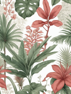 孤立的热带植物，当代19世纪的ashiyuki插图，柔和的红色和绿色，复杂的细节，白色背景——无作物背景色