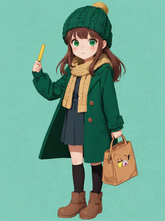一个女孩穿着深绿色的外套，棕色的靴子，绿色的袋子，棕色的针织帽，kawaii漫画风格，日本漫画风格，强烈的线条，平面风格，干净的背景