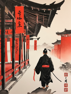 一位来自中国古代的学者，走在一望无际的红色背景中，古老的亭台楼阁，天上垂下敦煌彩带，上面刻着经书，散发着金光。红丝带随风飘动，形成了中国古代彩色水墨画的广角全景，鲜明的风格呈现出来，宏大的世界场景，远距离的拍摄，细腻的绘画风格，宣纸的纹理清晰