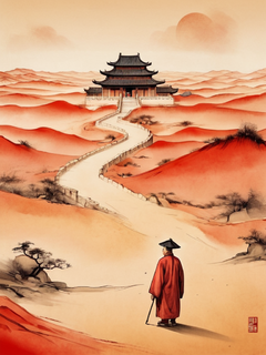 一位来自中国古代的微型学者，走在一望无际宏大的红色沙漠背景中，中国古代彩色水墨画的广角全景，鲜明的风格，宏大的世界场景，远距离的拍摄，细腻的绘画风格，纹理清晰