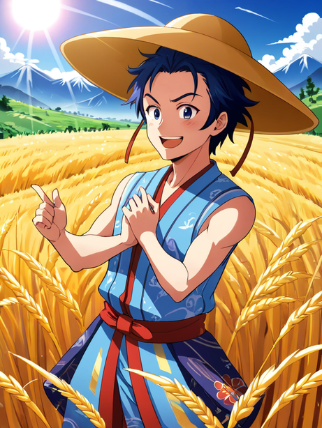 动画风格的稻田少年平面插画