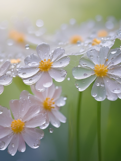 春天的早晨，大雨过后，木夏风格，半透明的花瓣清晰可见，花朵上晶莹剔透的水滴，不同颜色的花朵美丽浪漫，魔幻，艺术，幻想，艺术场景流行，电影场景，宫崎骏高清拍摄，超细节，超精准