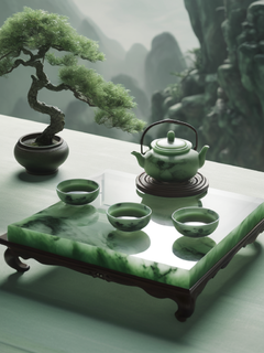 附近，一套中国茶具摆放在一张带假山的透明玉桌上。茶壶和杯子里的茶冒着淡淡的烟。蓝田玉材质，白绿色，烟熏，中国山水画，高级感，c4d，oc渲染器，高清8k
