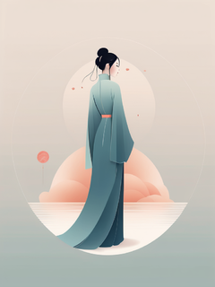 插图，极简主义，一个穿着新中式连衣裙的女人，梦幻般的画面，微妙的渐变，平静的和谐，负空间的优雅使用，平面设计启发的插图