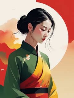 插图，极简主义，一个穿着新中式连衣裙的女人，近景，梦幻般的画面，微妙的渐变，平静的和谐，负空间的优雅使用，平面设计启发的插图，红色、绿色、黑色、黄色