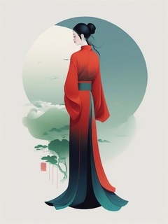 插图，极简主义，一个穿着新中式连衣裙的女人，梦幻般的画面，微妙的渐变，平静的和谐，负空间的优雅使用，平面设计启发的插图，红色、蓝色、黑色、绿色