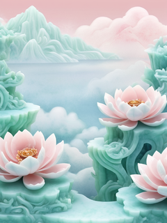 荷花、玉石材质、山水、祥云、水彩、玉雕、浅色青白调、底色淡、画质极佳、细节细腻、浅粉色，3d渲染、超广角镜头