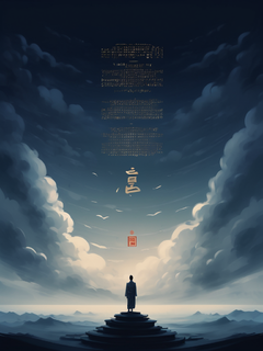一幅极简主义的插图，上面写着佛经，象征禅宗，一个小人物站在底部，惊讶地抬头看去。背景是深蓝色的天空，象征着无限或广阔。一个超级宏大的场景，流畅的动态，极其细腻的笔触，柔软流畅，历史性的绘画3D渲染
