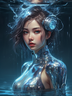 《水》的封面是艺术家创作的一部小说，以肖龙成、纳塔利娅·拉克、机甲动漫、强烈的凝视、闪亮/有光泽、超现实、索拉亚马好吉美的风格呈现