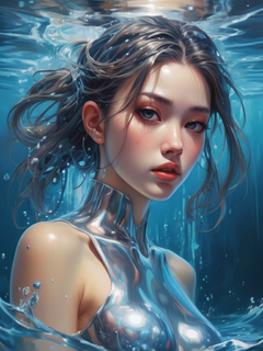 《水》的封面是艺术家创作的一部小说，以肖龙成、纳塔利娅·拉克、机甲动漫、强烈的凝视、闪亮/有光泽、超现实、索拉亚马好吉美的风格呈现