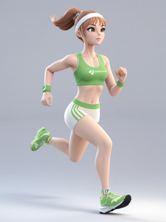 运动风格的3D人物，运动活力的女孩，跑步，浅绿色和白色