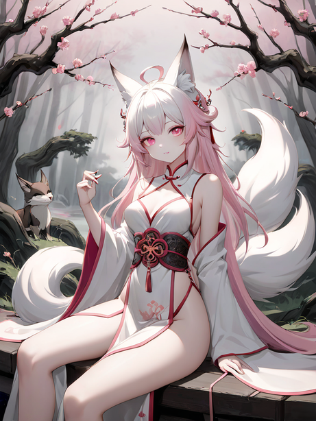 粉色桃花园中的卡通狐狸妖女